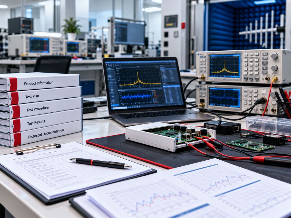 Electronic product testing workspace with laboratory instruments, test documents and measurement charts