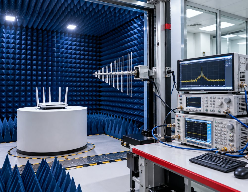 Advanced RF and wireless product testing laboratory with anechoic chamber and spectrum analysers