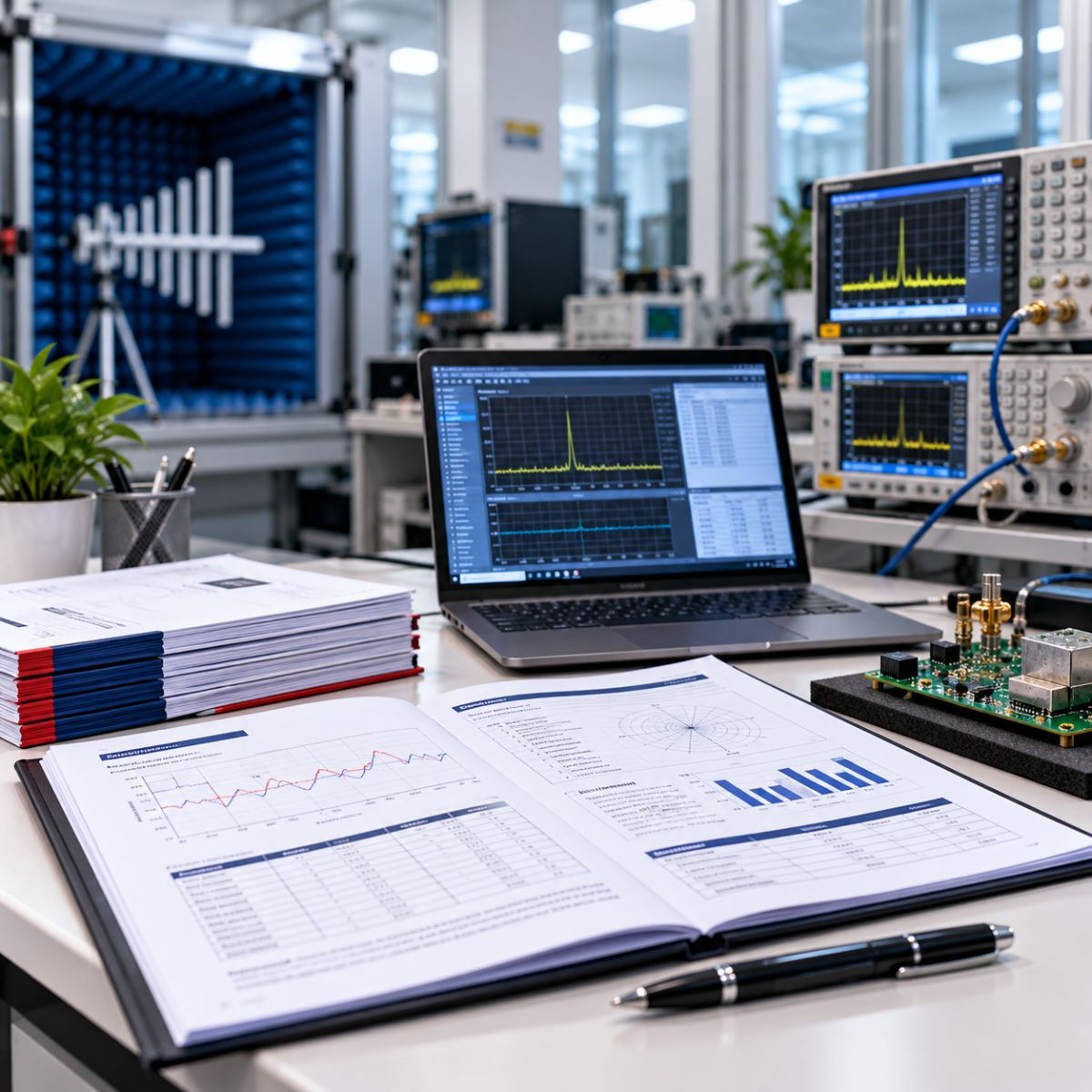 Technical reports and electronic testing equipment in a laboratory workspace